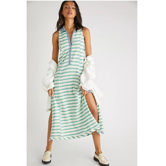 Free People Dresses & Skirts - NWT Free People Downtown Midi Dress Knit Striped Blue Green Collared Buttoned